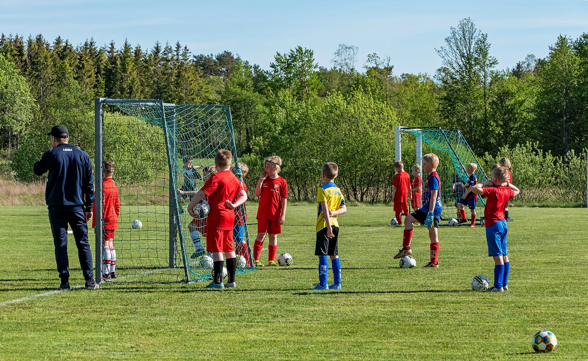 Children training with footballs beside small goals on a grass pitch